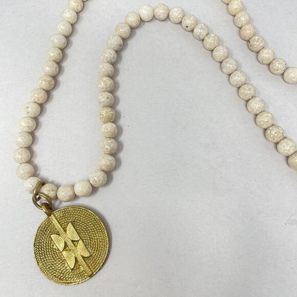White Jasper Stone Bead Pendant Necklace Gold-Tone Geometric Medallion - Picture 1 of 14